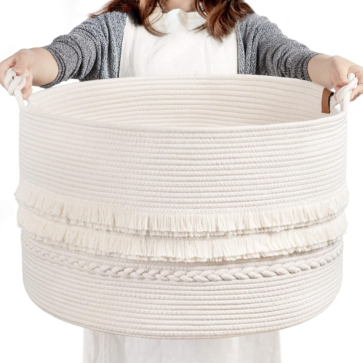 Large Blanket Basket Living Room, Laundry Basket With Tassel, 90L | Storage Basket for Toys, Clothes & Pillows Storage，Cotton Rope, Laundry Hamper With Handles,Fits Bedroom Nursery Décor, White