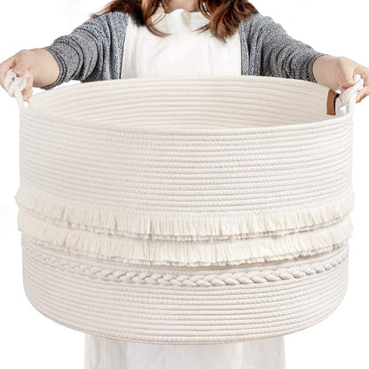 Large Blanket Basket Living Room, Laundry Basket With Tassel, 90L | Storage Basket for Toys, Clothes & Pillows Storage，Cotton Rope, Laundry Hamper With Handles,Fits Bedroom Nursery Décor, White