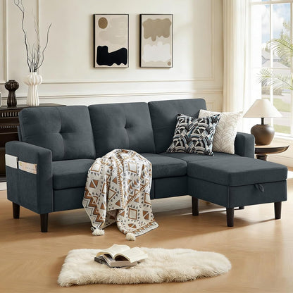 80" Convertible Sectional Sofa Couch with Movable Ottoman, 3 Seats Sectional Sofas L Shaped Couch for Small Spaces, Soft Fabric Couch for Living Room (Dark Grey)