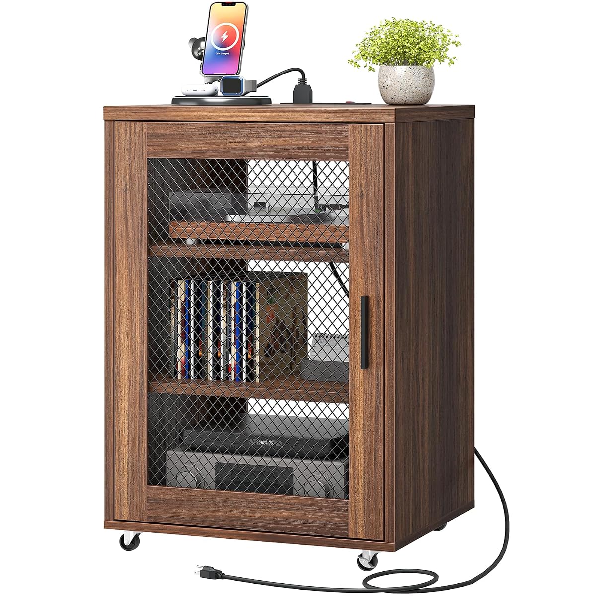 Media Cabinet with Charging Station, Stereo Cabinet with Wheels