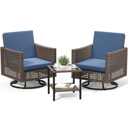 3 Pieces Patio Set w/2.8" Thick Cushions, All Weather Swivel Patio Furniture Set w/Wicker Rocking Chairs & Rattan Side Table for Backyard Deck Poolside, Blue