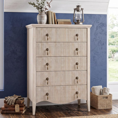 5-Drawer Fluted Dresser Nature Oak/Vintage Brown Wood, Freestanding Organizer