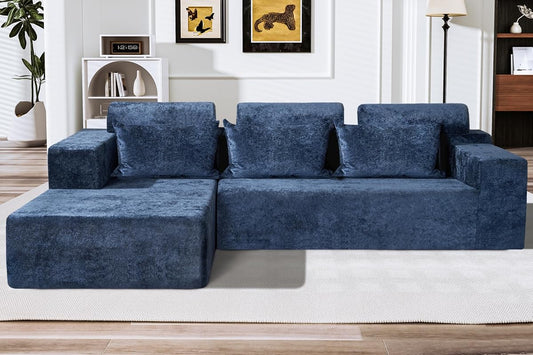 105" L-Shape Modular Sectional Sofa Couch for Living Room,No Assembly Required,Modular Comfy Sofa with Deep Seat for Living Room Bedroom,Luxury Distressed Velvet(Left,Blue)
