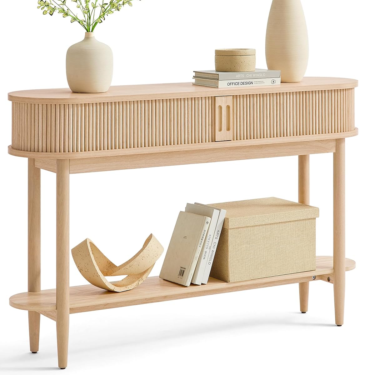 Fluted Console Table, Mid-Century Modern Entryway Cabinet with Sliding Tambour Doors, Narrow Long Sofa Table, Behind-The-Couch Table for Living Room, Hallway (Light Oak)