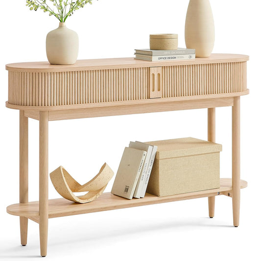 Fluted Console Table, Mid-Century Modern Entryway Cabinet with Sliding Tambour Doors, Narrow Long Sofa Table, Behind-The-Couch Table for Living Room, Hallway (Light Oak)