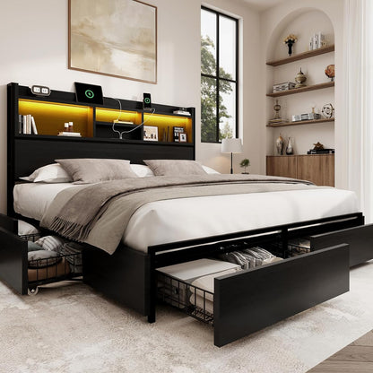 King Storage Bed Frame with 6 Drawers, USB Charging Station, No Noise