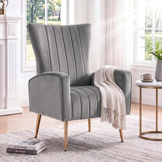 Velvet Accent Chairs Set of 1, Modern Fabric Upholstered Living Room Chairs Armchairs with Wing Back and Metal Legs, Grey