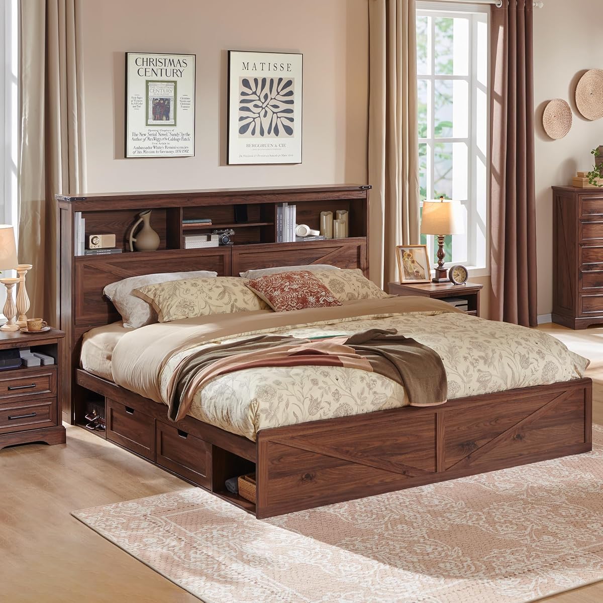 Brown Solid Wood Platform Bed Frame with Drawers and Lighting