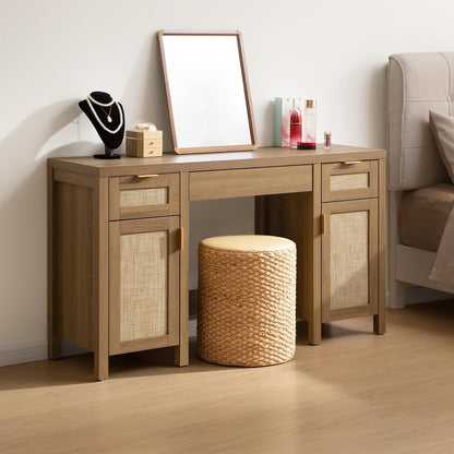 Rattan Vanity Home Office Desk 52" Vanity Table with 3 Drawers