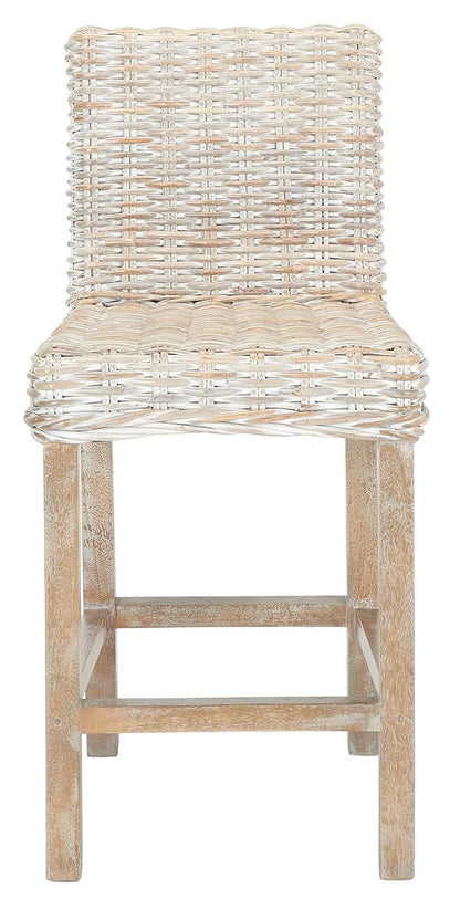 Furniture - Tobie Rattan Counter Stool - 23.62" Seat Height - Grey White-Wash - Wood - Coastal Rattan-Seat Design - Ideal for Kitchen, Bar Area, Dining Room - Fully Assembled (BST6501B)