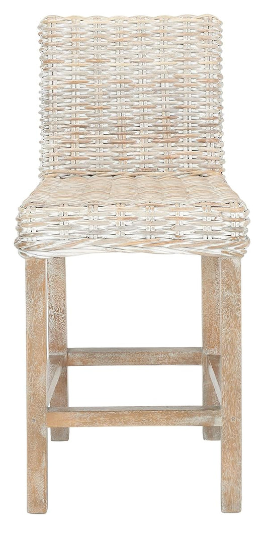Furniture - Tobie Rattan Counter Stool - 23.62" Seat Height - Grey White-Wash - Wood - Coastal Rattan-Seat Design - Ideal for Kitchen, Bar Area, Dining Room - Fully Assembled (BST6501B)
