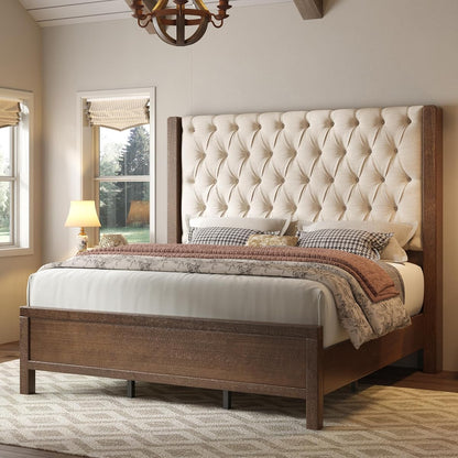 King Size Solid Wood Bed Frame,57" Wingback Headboard,Walnut