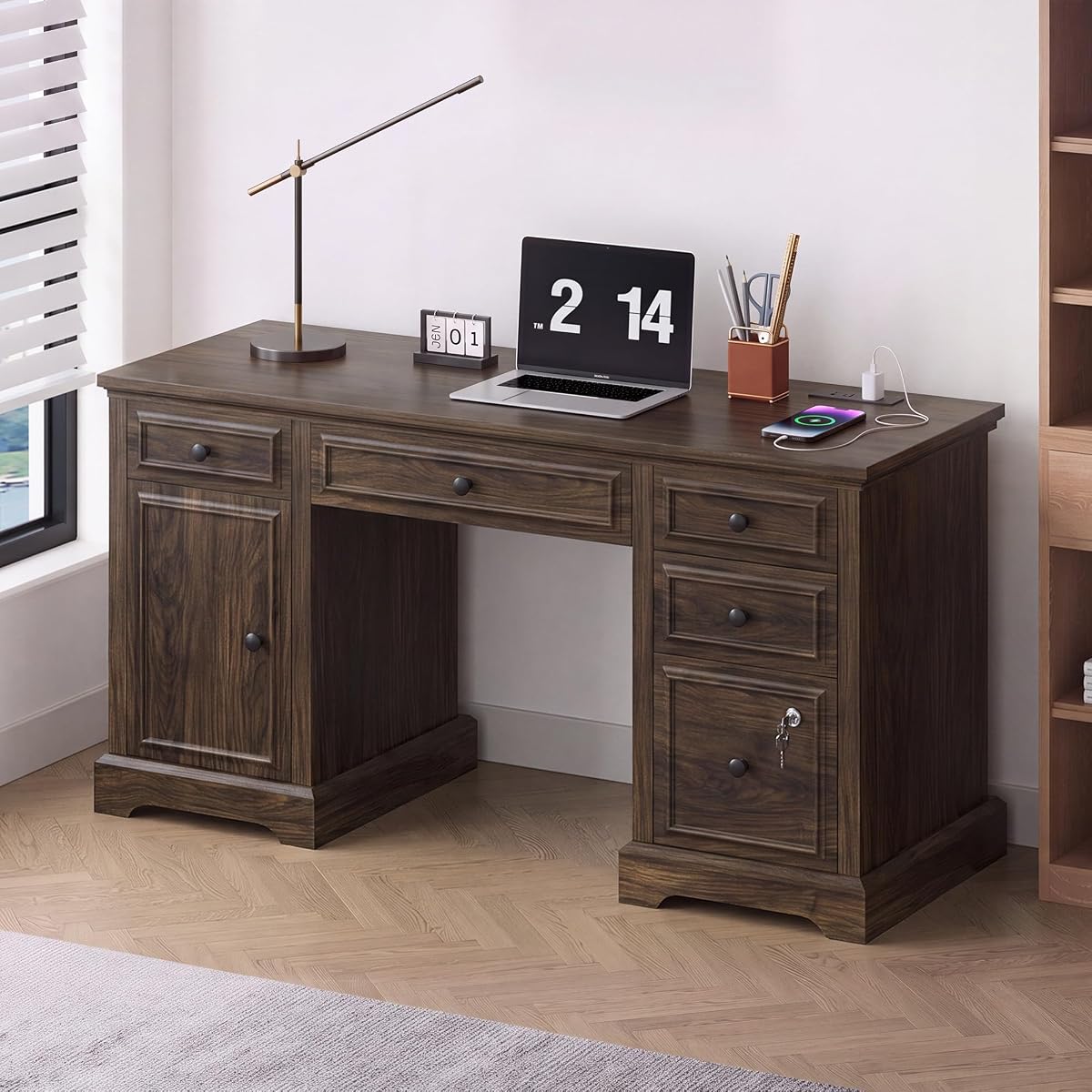 59" Farmhouse Executive Desk with Drawers Lock File Cabinet