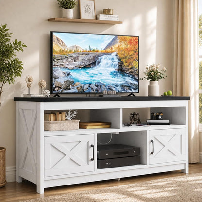 59 Inch TV Stand with Power Outlets for 65" TVs, Black/White