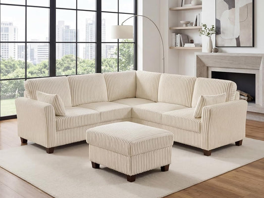 Sectional Corner Couch, Corduroy L Shaped Sofa, 6-Seat Couch,Beige