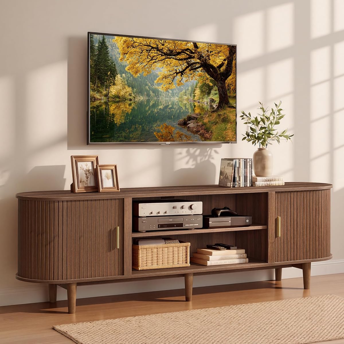 70 Inch TV Stand, Mid Century Entertainment Center with Storage