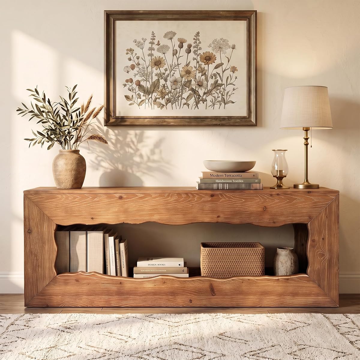 63'' Rustic Solid Wood TV Stand, Hand‑Carved Media Console