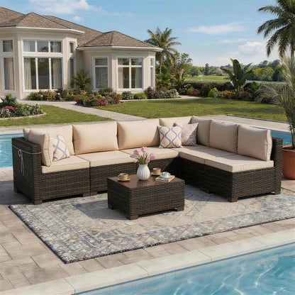 LAFWLL 7 Pieces Outdoor Patio Furniture Sets,Rattan Conversation Sectional Set,Manual Weaving Wicker Patio Sofa with Tea Table