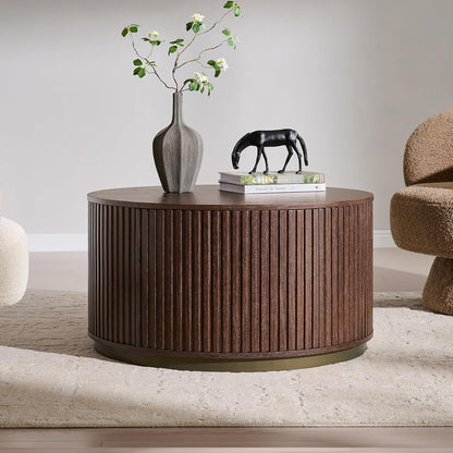 33" Round Coffee Table with Storage, Natural Walnut | Fluted Drum Coffee Table, Hidden Push-to-Open Drawer