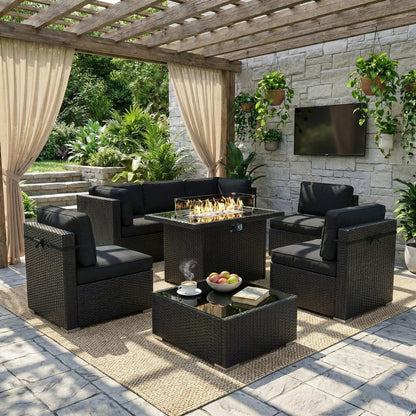 8 Piece Patio Furniture Set with 44" Propane Gas Fire Pit Table, Outdoor Sectional Conversation Set Wicker Rattan Sofa Set with Coffee Table