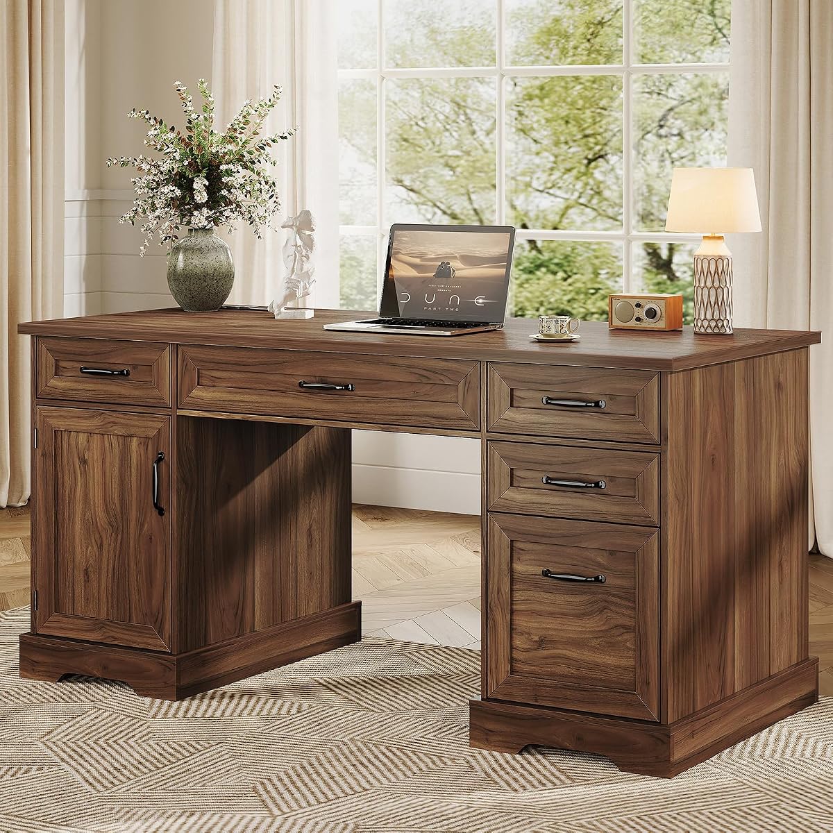 Farmhouse 59 Inch Executive Desk with Drawers, Walnut
