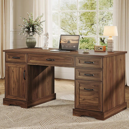 Farmhouse 59 Inch Executive Desk with Drawers, Walnut