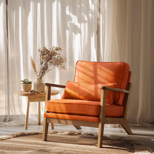 Solid Wood Wide Armrests Accent Chair,Upholstered Mid Century Modern Chair with Pillow,Comfy Reading Chair Farmhouse Arm Chair,Chairs Living Room,Bedroom,Guest Room,Linen Fabric,Burnt Orange