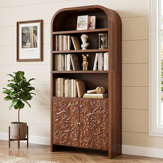 70" Tall Arched Bookcase, 6-Tier Bookshelf with Floral Storage (Walnut)