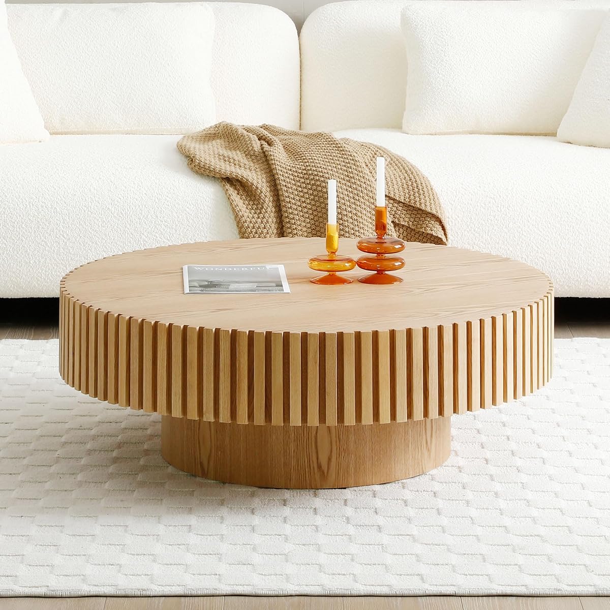 31.49" Coffee Table, Round Coffee Table, Wood Coffee Table for Living Room, Handcrafted Relief Carving, Easy Assembly, Oak