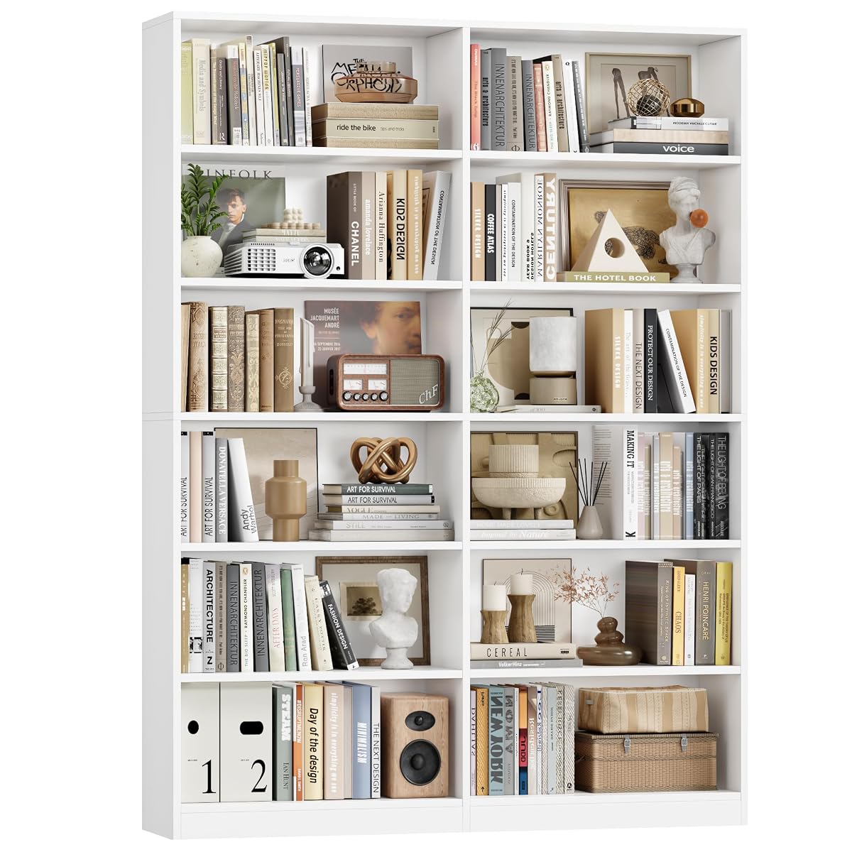 Bookshelf and Bookcase, 6-Tier Double Wide Bookshelves,Freestanding Display Storage Shelves, Tall Bookcases for Home Decor Bedroom, Living Room, Home Office, White