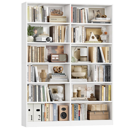 Bookshelf and Bookcase, 6-Tier Double Wide Bookshelves,Freestanding Display Storage Shelves, Tall Bookcases for Home Decor Bedroom, Living Room, Home Office, White