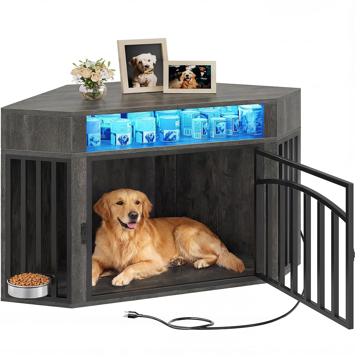 52" Corner Dog Crate Furniture with LED Light & Power Outlets
