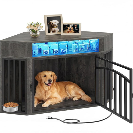 52" Corner Dog Crate Furniture with LED Light & Power Outlets