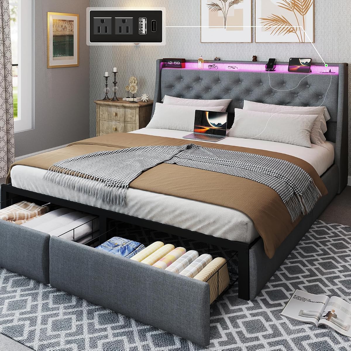 Queen Bed Frame with 2 Storage Drawer, Queen Size Bed Frame, Grey