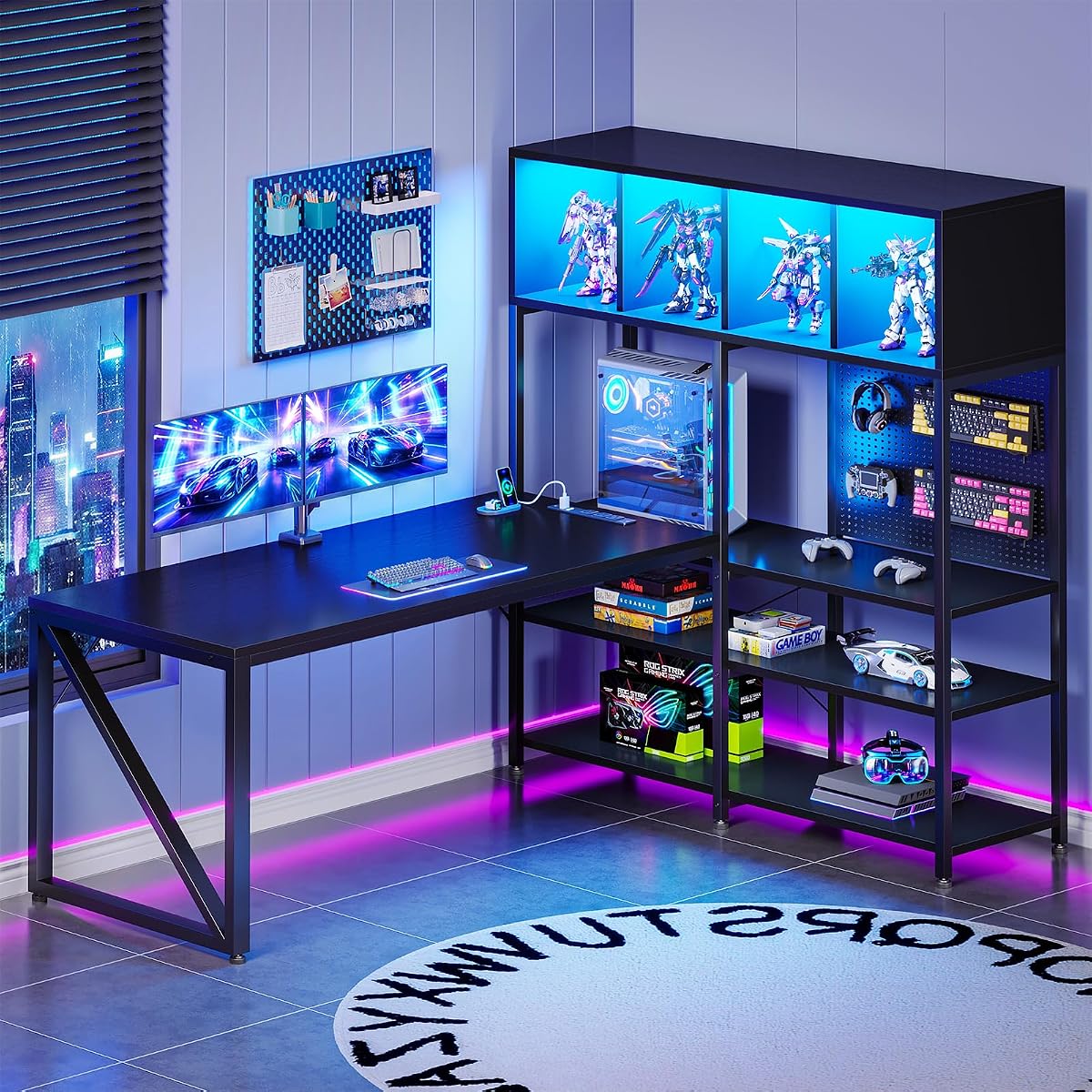 63" L Shaped Gaming Desk with Display Hutch and Large Desktop, Black