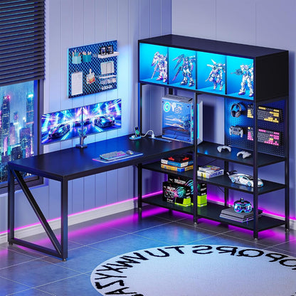 63" L Shaped Gaming Desk with Display Hutch and Large Desktop, Black