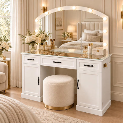 Large Vanity Desk with Mirror and Lights, 55" Makeup Vanity Table with Glass Top