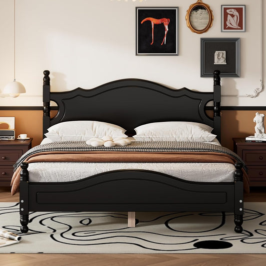 JIVOIT Retro Style Platform Bed with Headboard and Footboard, Queen Size Wood Platform Bed Frame with Wooden Slat Support, Solid Wood Foundation, No Box Spring Required (Black,Queen,5)