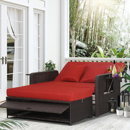 Moccha Outdoor Daybed, Wicker Loveseat Sofa Set with 4-Postion Adjustable Backrest, Storage Ottoman, Cushions, Rattan Double Bed Lounger, Patio Furniture Set (Red)