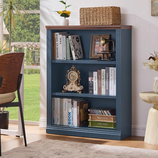 43" Blue Tall Bookshelf,3-Tier Thick Wooden Book Shelf with Adjustable Shelves,Free Standing Farmhouse Bookcase with Open Display Storage,Floor Vintage Bookshelves for Living Room,Office