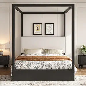 Queen Size Canopy Platform Bed with Upholstered Headboard, Black, view 2