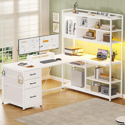 58'' L Shaped Computer Office Desk with 3 Drawers and Bookshelf