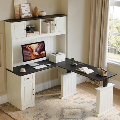80x60 L Shaped Electric Standing Desk with Hutch and Drawers