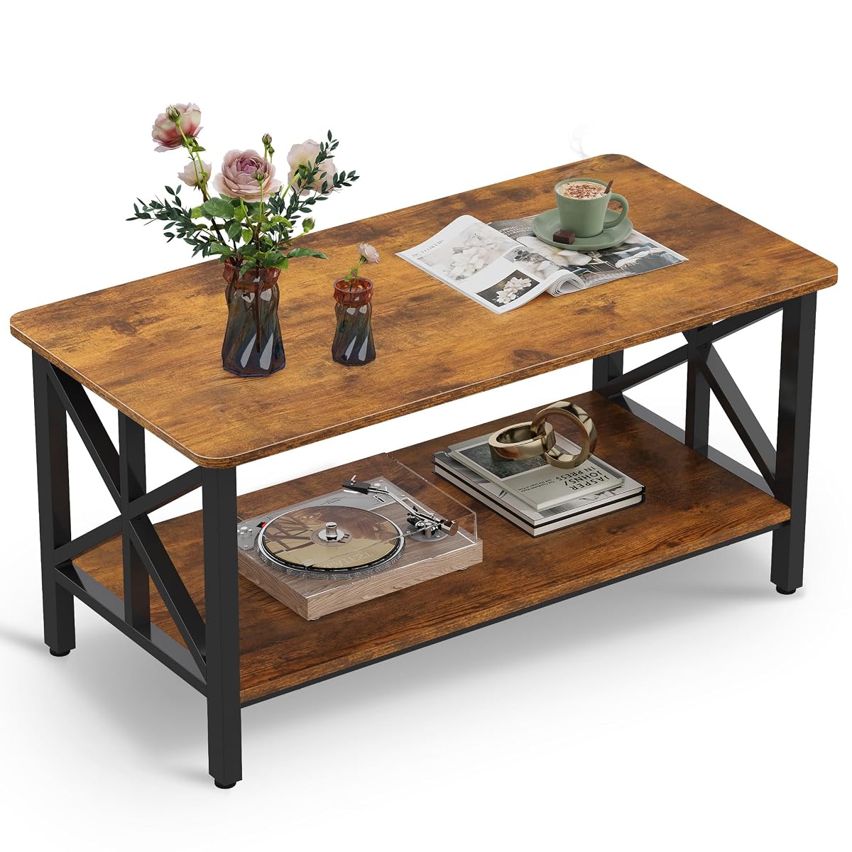 Coffee Table for Living Room, 39" Modern 2-Tier Center Table with Round Corners, Storage Shelf, Farmhouse Style Small Coffee Table with Metal Frame, Rustic Brown
