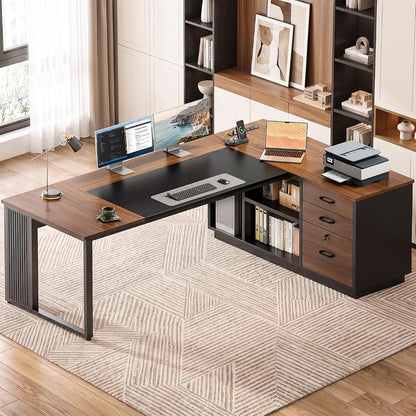 Executive 71 Inch L Shaped Desk with File Cabinet, Walnut+Black