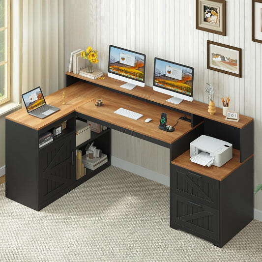 65" Farmhouse Computer Desk with Drawers and Printer Stand for Home Office