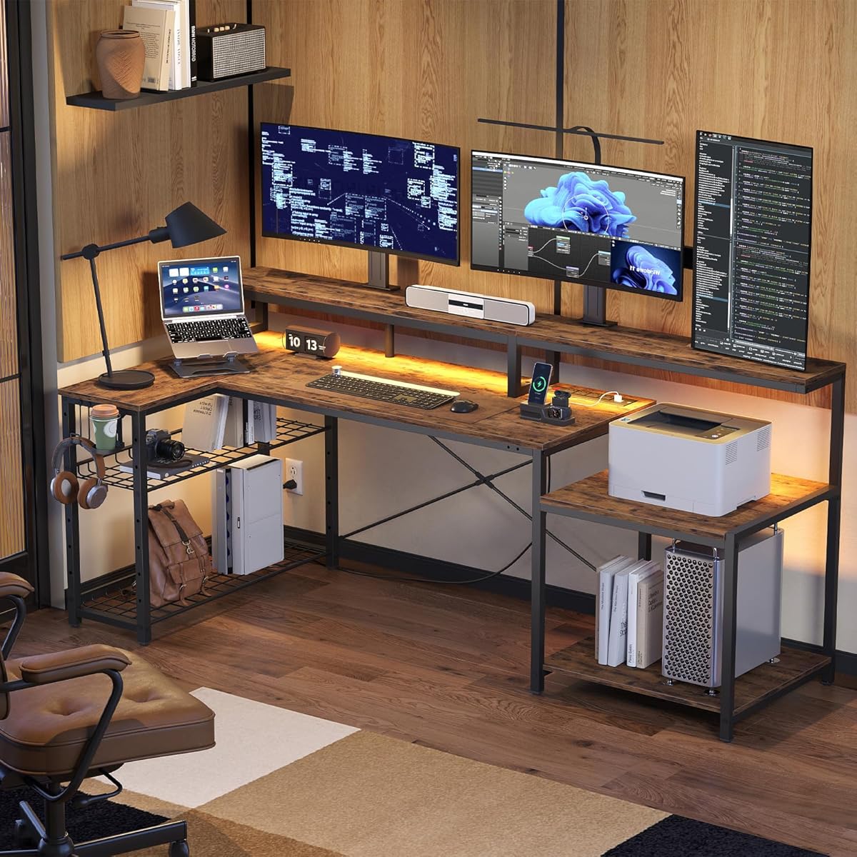 71.5 inch Computer Desk with Power Outlets, L Shaped LED Home Office Desk with Long Monitor Stand, Large Corner Desk with Storage Shelf, Cup Holder & Headset Hooks, Modern Simple Table