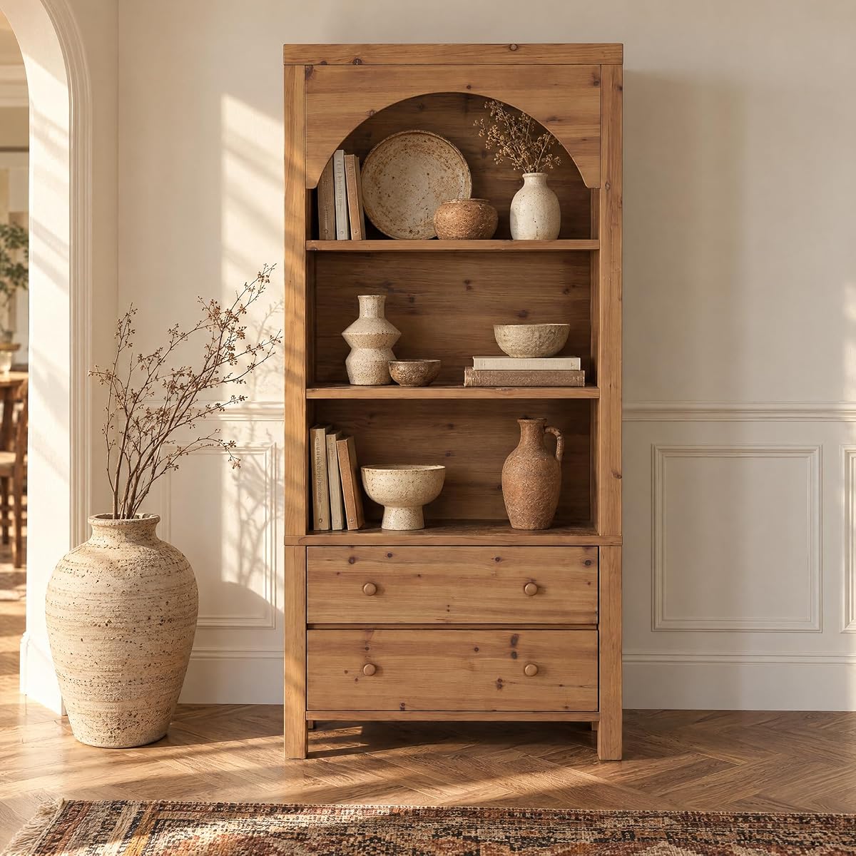 70" Solid Wood Tall Bookshelf with 3-Tier Shelves and 2 Drawers