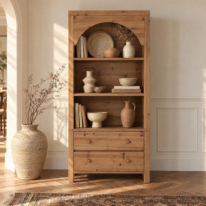 70" Solid Wood Tall Bookshelf with 3-Tier Shelves and 2 Drawers