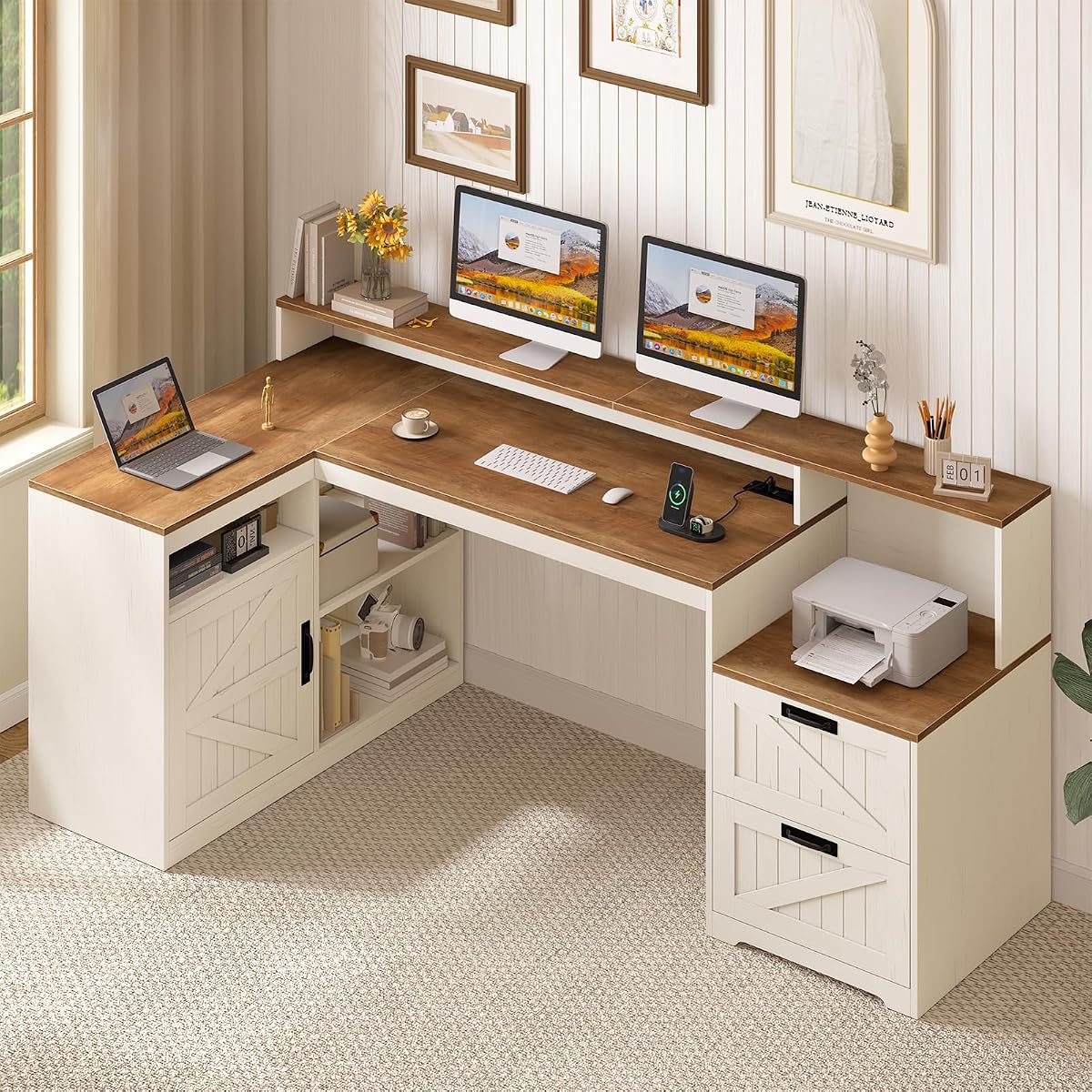 63" Farmhouse L Shaped Desk with Drawers and Printer Stand for Home Office